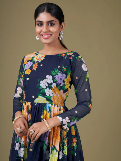 Gorgeous Navy Blue Floral Printed Georgette Gown With Dupatta